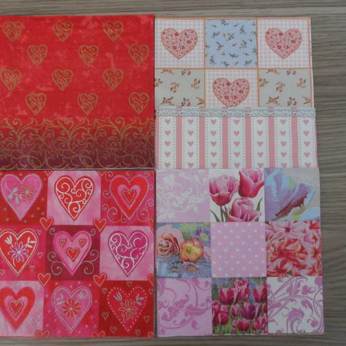 N°160 lot de 5 serviettes différentes en papier sur thème cœur tendre 