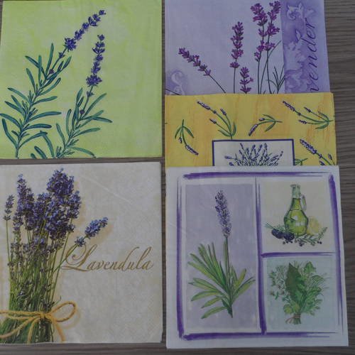 N°160 lot de 5 serviettes différentes en papier sur thème des fleurs lavande 