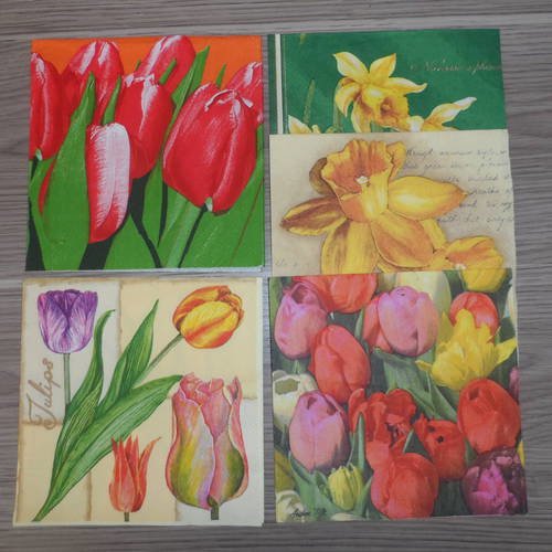N°160 lot de 5 serviettes différentes en papier sur thème des fleurs  tulipe jonquille 