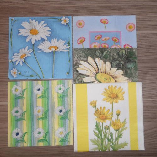 N°160 lot de 5 serviettes différentes en papier sur thème des fleurs marguerites paquerettes 