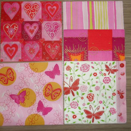 N°160 lot de 5 serviettes différentes en papier sur thème  couleurs rose fuchsia rouge 