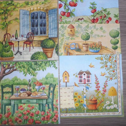 N°160 lot de 5 serviettes différentes en papier sur le thème du jardin de l'extérieur 