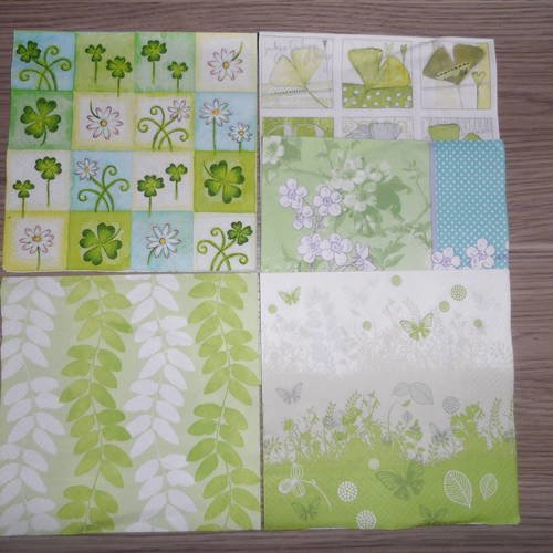 N°160 lot de 5 serviettes différentes en papier sur le thème  tendre vert 