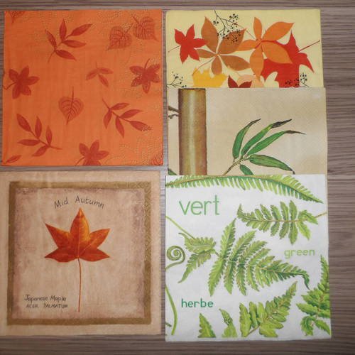 N°160 lot de 5 serviettes différentes en papier sur thème des feuilles 