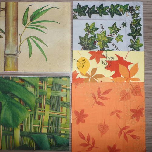 N°160 lot de 5 serviettes différentes en papier sur thème des feuilles 