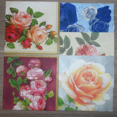 N°160 lot de 5 serviettes différentes en papier sur thème des fleurs  des roses 