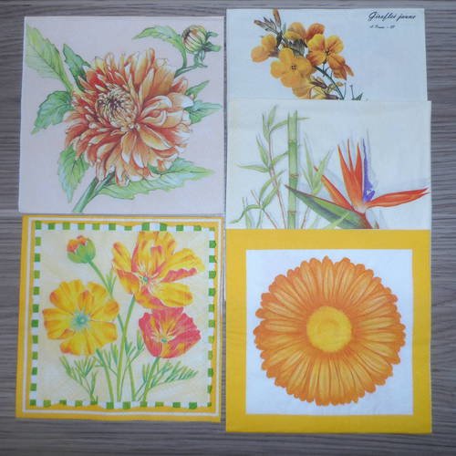 N°160 lot de 5 serviettes différentes en papier sur thème des fleurs orange 