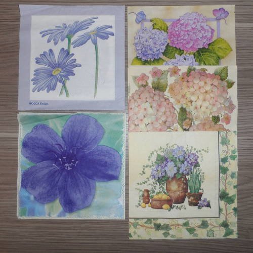 N°160 lot de 5 serviettes différentes en papier sur thème des fleurs violettes hortensia.. 