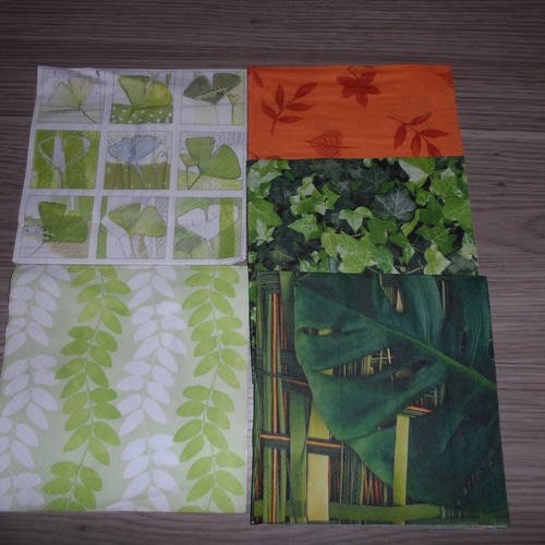 N°160 lot de 5 serviettes différentes en papier thème feuille 