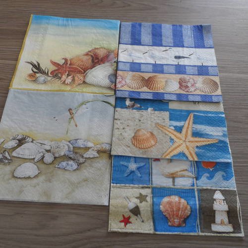 N°160 lot de 5 serviettes différentes en papier thème  mer coquillages 