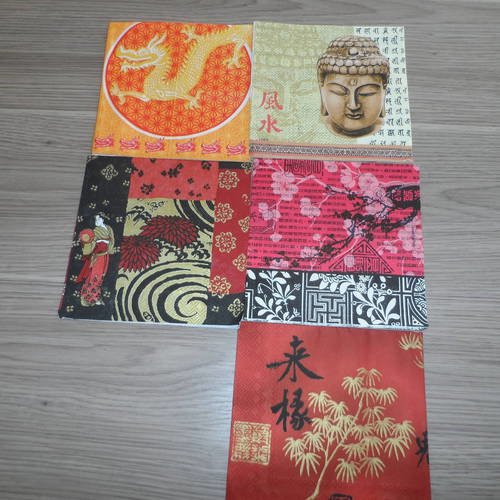 N°160 lot de 5 serviettes différentes en papier thème asie 