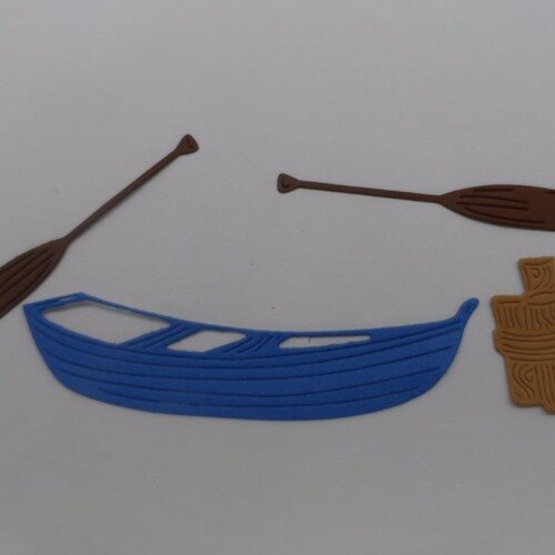 N°874  d'une barque avec 2 rames  et un piquet  en papier bleu, marron   découpage fin