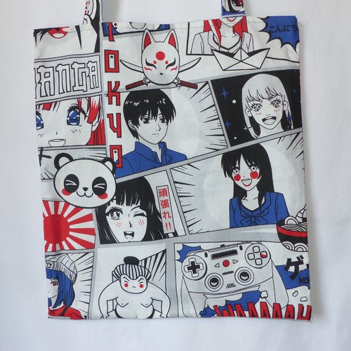 Grand sac en tissu manga deux faces différentes, sac anime japonais, cadeau ado