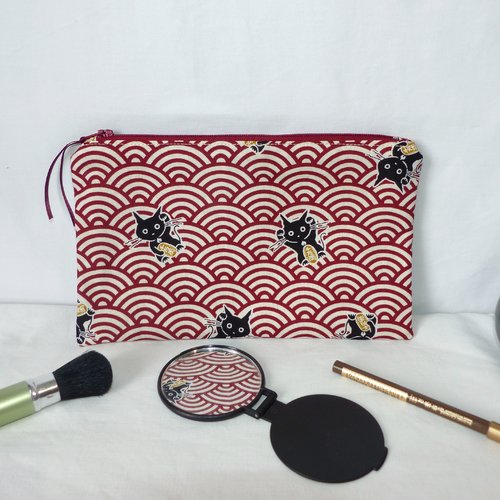 Pochette zippée en tissu japonais, trousse chats