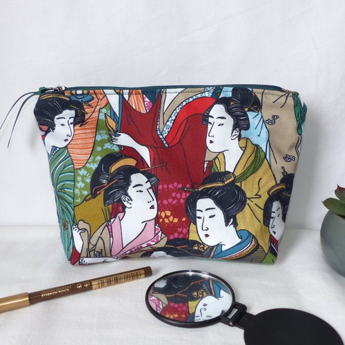 Trousse en tissu japonais, pochette zippée geishas