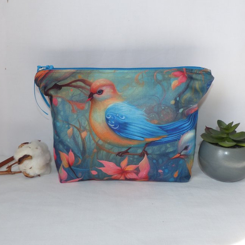 Trousse en tissu oiseaux fantastiques, deux faces différentes