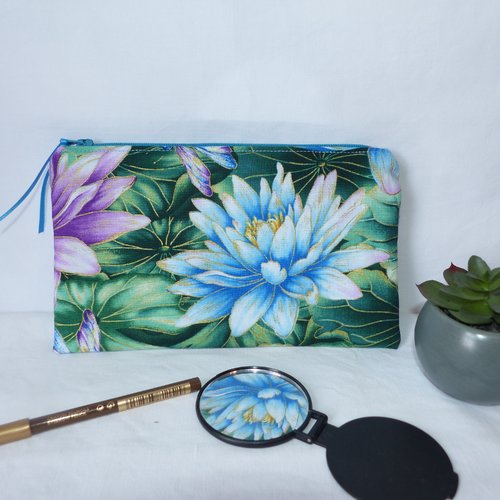 Pochette plate en tissu japonais, pochette fleurs de lotus