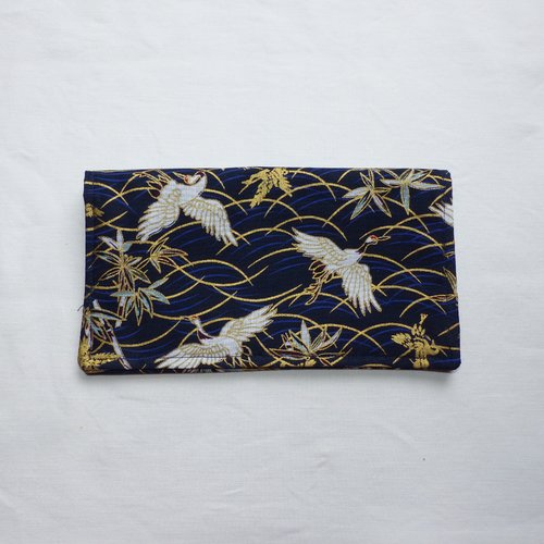 Porte-chéquier en tissu japonais, imprimé grues et vagues dorées