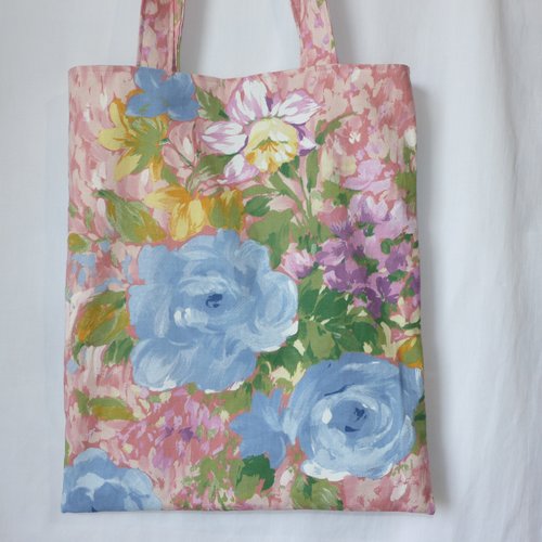 Sac d'été en tissu fleurs pastels, tote bag reversible fleurs