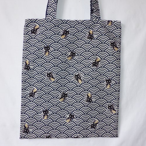 Sac tote bag en tissu japonais, sac en tissu chats et vagues