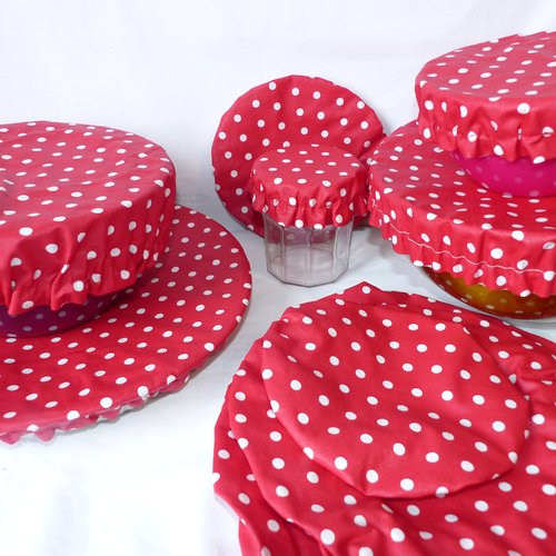 Charlotte couvre-plat alimentaire en tissu enduit, zéro déchet, rouge à pois blancs
