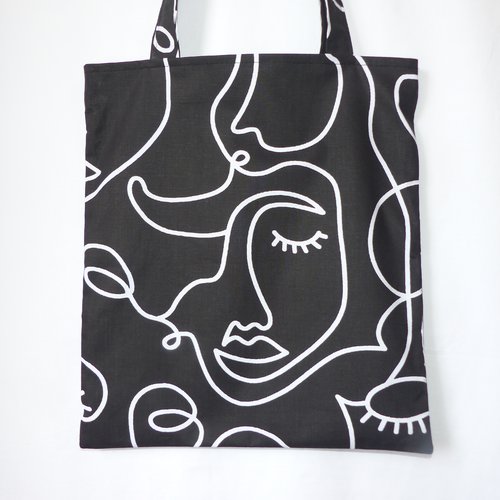 Sac noir et blanc, dessin visage, tote bag mode