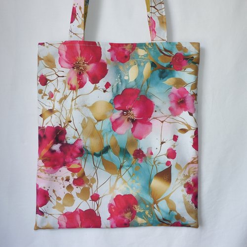 Tote bag en tissu fleuri fuchsia et doré, sac d'été
