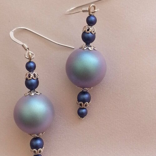 Boucles d'oreilles en perles nacrées swarovski bleues mates sur argent 925,