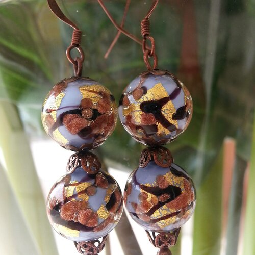 Boucles d'oreilles en perles de verre de murano authentiques,feuille d'or,aventurine,
