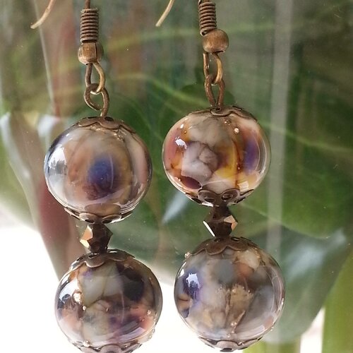 Boucles d'oreilles en perles de verre lampwork authentiques, camaieu de couleurs, cristal swarovski,
