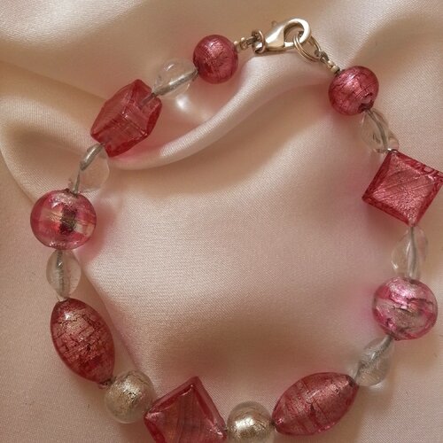 Bracelet en perles de verre de murano authentiques rose,feuille d'argent,
