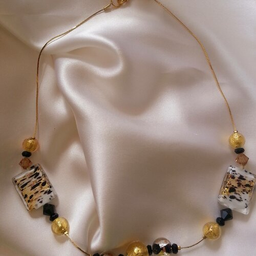 Collier en perles de verre de murano authentiques feuille d'or,noir,aventurine,cristal swarovski,