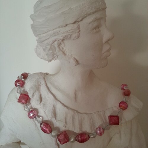 Collier tour de cou en perles de verre de murano authentiques rose,feuille d'argent,45 cm de longueur,
