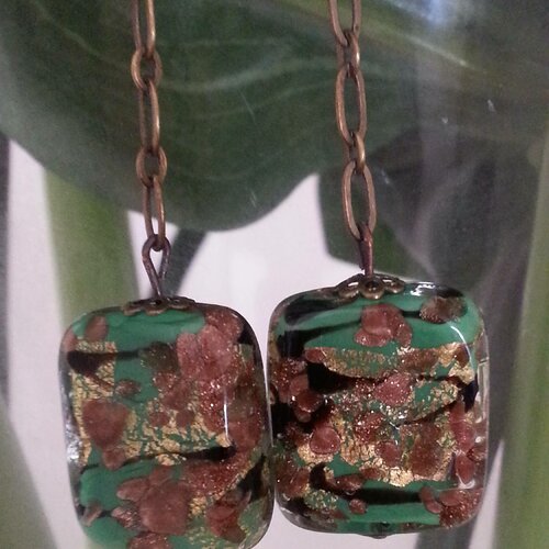 Boucles d'oreilles en perles de verre de murano authentiques vert,aventurine,gold foil,