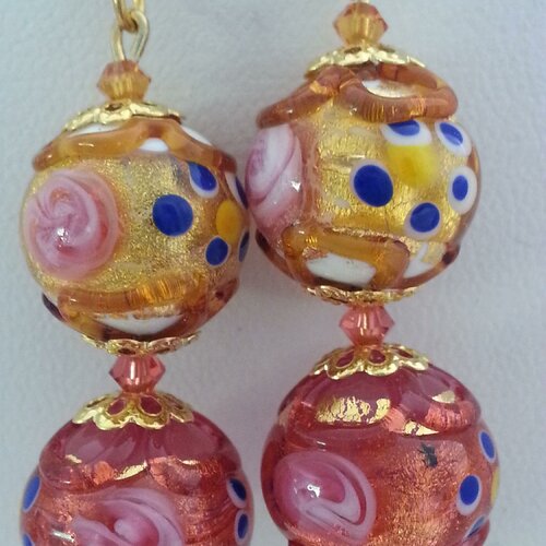 Boucles d'oreilles en perles de verre de murano authentiques multicolores collection fiorato,cristal swarovski,