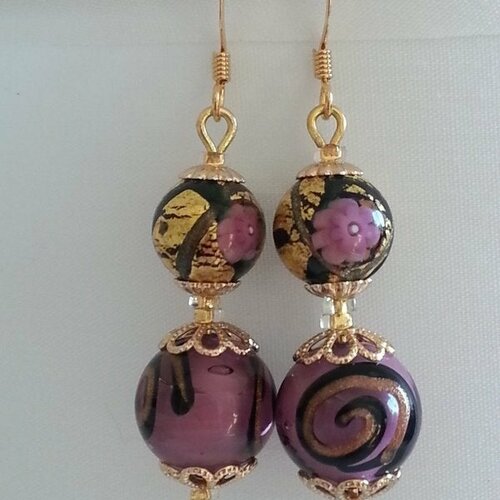 Boucles d'oreilles en perles de verre de murano authentiques,fiorato violet,rose,feuille d'or,