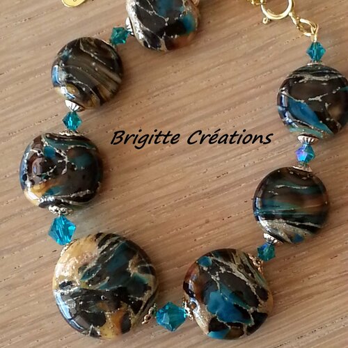 Bracelet en perles de verre artisanales lampwork,perles plates arrondies réalisation main,incrustations relief