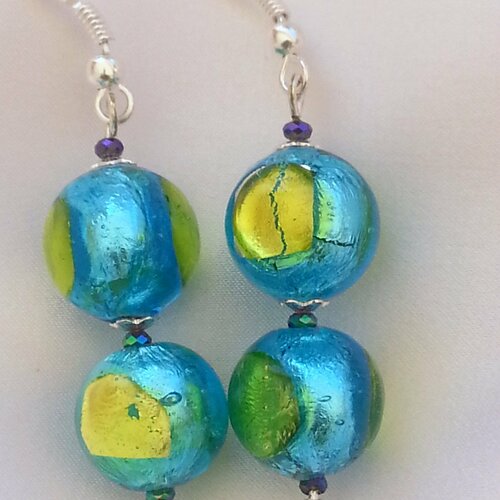 Boucles d'oreilles en perles de verre de murano authentiques, perles rondes 12 mm,turquoise,vert acide,