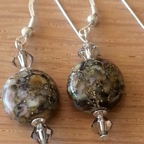 Boucles d'oreilles en perles de verre artisanales lampwork réalisées à la main,incrustations argent 925.