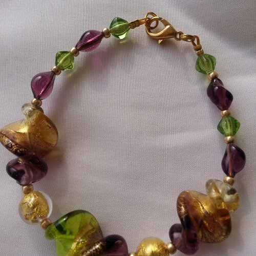 Bracelet en perles de verre de murano authentiques vert acide,améthyste,topaze et feuille d'or,19.5 cm ajustable