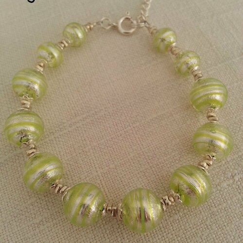 Bracelet en perles de verre de murano authentiques,billes vert acide et feuille d'argent,éléments en argent,