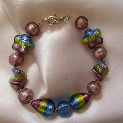 Bracelet en perles de verre de murano authentiques bleu,vert acide,améthyste,feuille d'argent,