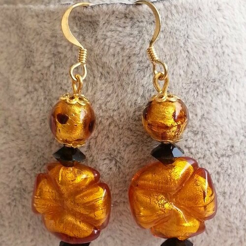 Boucles d'oreilles en perles de verre de murano authentiques topaze et gold foil,
