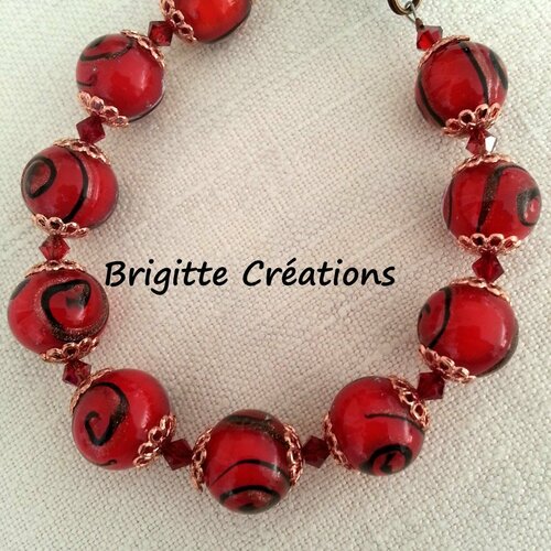 Bracelet en perles de verre de murano authentiques rouges,noires et aventurine et cristal autrichien,