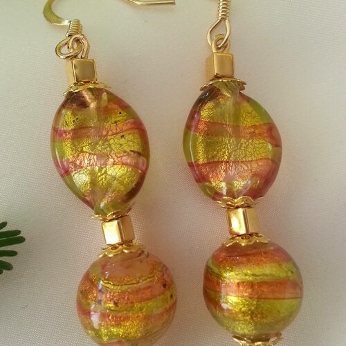 Boucles d'oreilles en perles de verre de murano authentiques, collection stripes, rubino, vert, feuille d'or,