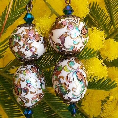 Boucles d'oreilles en perles japonaises tensha et cristal autrichien,supports bronze,