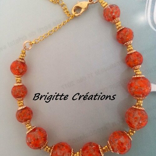 Bracelet en perles de verre de murano authentiques orange et aventurine et éléments en gold filled, ajustable,