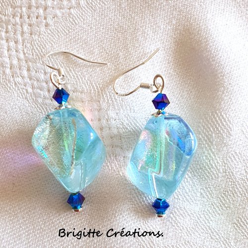 Boucles d'oreilles en perles de verre de murano authentiques dichroiques feuille d'argent.