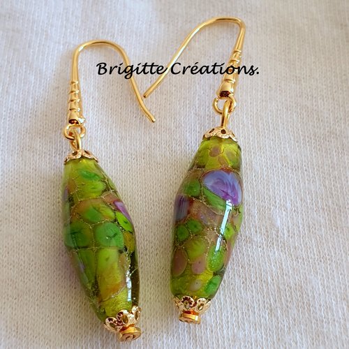 Boucles d'oreilles en perles de verre de murano authentiques sur crochets plaqué or.