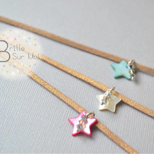 Bracelet enfant cordon suedine étoile nacre &amp; breloque cristal swarovski